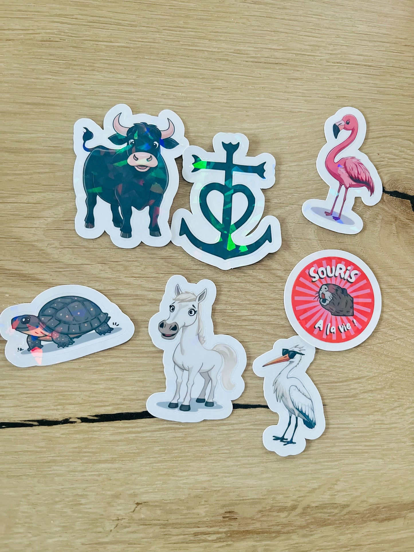 Pack 7 Stickers holographiques « les animaux de Camargue  »